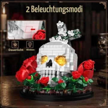 HIGH GODO Gothic Rose Klemmbausteine, 582 Teile LED Skull in Rosen mit Hintergrundkreuz, Totenkopf Gothic-Heimdekoration Blumen, Halloween Geburtstagsgeschenk für Sammler - 4