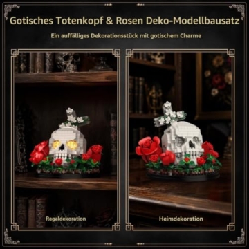 HIGH GODO Gothic Rose Klemmbausteine, 582 Teile LED Skull in Rosen mit Hintergrundkreuz, Totenkopf Gothic-Heimdekoration Blumen, Halloween Geburtstagsgeschenk für Sammler - 5
