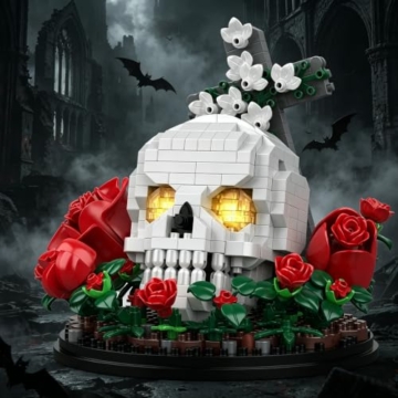 HIGH GODO Gothic Rose Klemmbausteine, 582 Teile LED Skull in Rosen mit Hintergrundkreuz, Totenkopf Gothic-Heimdekoration Blumen, Halloween Geburtstagsgeschenk für Sammler - 6