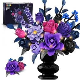 HiWEEGO Blumen Bauset - 17 Blume Blumenstrauß Bausteine mit LED, 887 Teile Kunstblumen Bausatz Spielzeug, Lila Rosen Botanik Kollektion, Home Deko Erwachsene und Frauen - 1