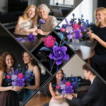 HiWEEGO Blumen Bauset - 17 Blume Blumenstrauß Bausteine mit LED, 887 Teile Kunstblumen Bausatz Spielzeug, Lila Rosen Botanik Kollektion, Home Deko Erwachsene und Frauen - 9