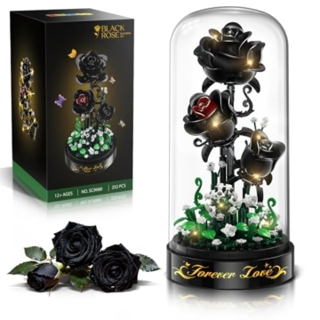 HiWEEGO Blumen Rosen Bausatz mit LED Licht, 232 Teile Schwarzer Rosenstrauß, 3.6MM Blumenstrauß Baustein Spielzeug, Botanische Kollektion Valentinstagsgeschenk für Mädchen, Erwachsene und Frauen - 1