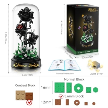 HiWEEGO Blumen Rosen Bausatz mit LED Licht, 232 Teile Schwarzer Rosenstrauß, 3.6MM Blumenstrauß Baustein Spielzeug, Botanische Kollektion Valentinstagsgeschenk für Mädchen, Erwachsene und Frauen - 5