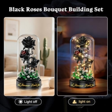 HiWEEGO Blumen Rosen Bausatz mit LED Licht, 232 Teile Schwarzer Rosenstrauß, 3.6MM Blumenstrauß Baustein Spielzeug, Botanische Kollektion Valentinstagsgeschenk für Mädchen, Erwachsene und Frauen - 6