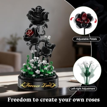 HiWEEGO Blumen Rosen Bausatz mit LED Licht, 232 Teile Schwarzer Rosenstrauß, 3.6MM Blumenstrauß Baustein Spielzeug, Botanische Kollektion Valentinstagsgeschenk für Mädchen, Erwachsene und Frauen - 8