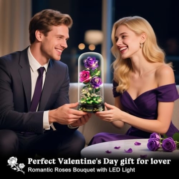 HiWEEGO Blumen Rosen Bauset mit LED Licht & Abdeckung – 219 Teile Rosenstrauß Ostergeschenke, 3,6 MM Mini Botanische Künstlicher Blumenstrauß Mini Bausteinspielzeug Heim Dekor (Lila) - 2