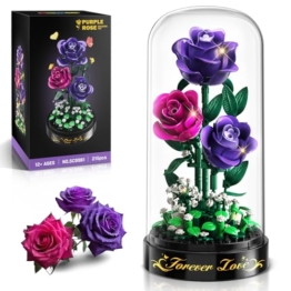 HiWEEGO Blumen Rosen Bauset mit LED Licht & Abdeckung – 219 Teile Rosenstrauß Ostergeschenke, 3,6 MM Mini Botanische Künstlicher Blumenstrauß Mini Bausteinspielzeug Heim Dekor (Lila) - 1