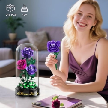 HiWEEGO Blumen Rosen Bauset mit LED Licht & Abdeckung – 219 Teile Rosenstrauß Ostergeschenke, 3,6 MM Mini Botanische Künstlicher Blumenstrauß Mini Bausteinspielzeug Heim Dekor (Lila) - 6