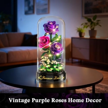 HiWEEGO Blumen Rosen Bauset mit LED Licht & Abdeckung – 219 Teile Rosenstrauß Ostergeschenke, 3,6 MM Mini Botanische Künstlicher Blumenstrauß Mini Bausteinspielzeug Heim Dekor (Lila) - 7
