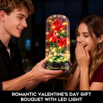 HiWEEGO Rosen Blumenstrauß Bauset mit LED Licht – 3,6 MM Rosenstrauß mit Abdeckung Ostergeschenke für Freundin Ehefrau Erwachsene, 215 Teiles Blumen Bausatz Heimdekoration Botanische Künstliche (Rot) - 2