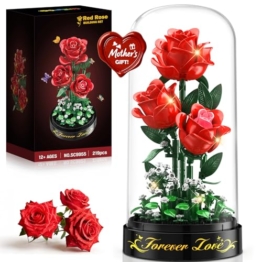HiWEEGO Rosen Blumenstrauß Bauset mit LED Licht – 3,6 MM Rosenstrauß mit Abdeckung Ostergeschenke für Freundin Ehefrau Erwachsene, 215 Teiles Blumen Bausatz Heimdekoration Botanische Künstliche (Rot) - 1
