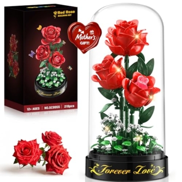 HiWEEGO Rosen Blumenstrauß Bauset mit LED Licht – 3,6 MM Rosenstrauß mit Abdeckung Ostergeschenke für Freundin Ehefrau Erwachsene, 215 Teiles Blumen Bausatz Heimdekoration Botanische Künstliche (Rot) - 1