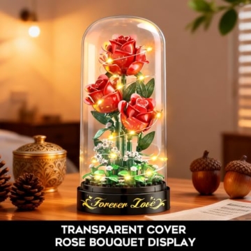 HiWEEGO Rosen Blumenstrauß Bauset mit LED Licht – 3,6 MM Rosenstrauß mit Abdeckung Ostergeschenke für Freundin Ehefrau Erwachsene, 215 Teiles Blumen Bausatz Heimdekoration Botanische Künstliche (Rot) - 6