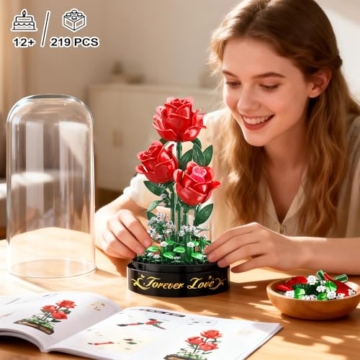 HiWEEGO Rosen Blumenstrauß Bauset mit LED Licht – 3,6 MM Rosenstrauß mit Abdeckung Ostergeschenke für Freundin Ehefrau Erwachsene, 215 Teiles Blumen Bausatz Heimdekoration Botanische Künstliche (Rot) - 7