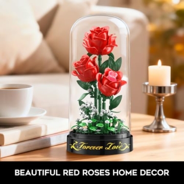 HiWEEGO Rosen Blumenstrauß Bauset mit LED Licht – 3,6 MM Rosenstrauß mit Abdeckung Ostergeschenke für Freundin Ehefrau Erwachsene, 215 Teiles Blumen Bausatz Heimdekoration Botanische Künstliche (Rot) - 8