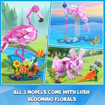 HOGOKIDS 3in1 Blumen Pinkes Häschen Bauspielzeug - Tierfiguren umbaubar in Flamingo Häschen oder Delfin, 558 Teile Kreatives Tierspielzeug Geburtstagsgeschenk für Kinder Mädchen Jungen ab 8+ Jahren - 4
