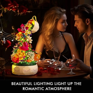 HOGOKIDS Blumen Musik Bauset mit LED Licht - Künstliche Flower Rotierende Spieluhr Bausteine | Botanical Blume Collection Set für Heimdekoration Klemmbausteine Geburtstagsgeschenk Erwachsene Teen - 2