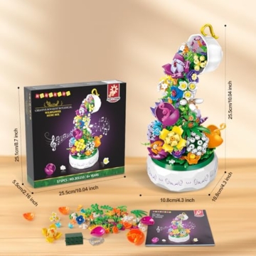 HOGOKIDS Blumen Musik Bauset mit LED Licht - Künstliche Flower Rotierende Spieluhr Bausteine | Botanical Blume Collection Set für Heimdekoration Klemmbausteine Geburtstagsgeschenk Erwachsene Teen - 6