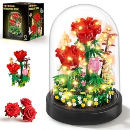 HOGOKIDS Blumen Rose Bauset mit LED & Abdeckung – 596 Teiliges Rot Rosenstrauß Set Botanische Geschenk zum Muttertag Geburtstag Mini Bausteine ​​für Mama Ehefrau Freundin Erwachsene Heimdekoration - 1