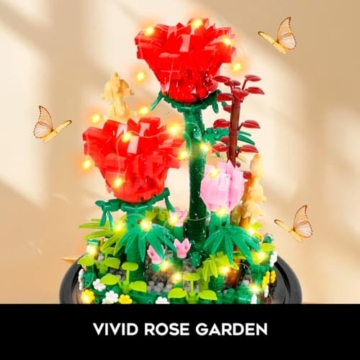 HOGOKIDS Blumen Rose Bauset mit LED & Abdeckung – 596 Teiliges Rot Rosenstrauß Set Botanische Geschenk zum Muttertag Geburtstag Mini Bausteine ​​für Mama Ehefrau Freundin Erwachsene Heimdekoration - 5