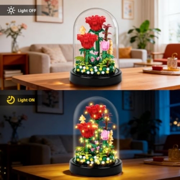 HOGOKIDS Blumen Rose Bauset mit LED & Abdeckung – 596 Teiliges Rot Rosenstrauß Set Botanische Geschenk zum Muttertag Geburtstag Mini Bausteine ​​für Mama Ehefrau Freundin Erwachsene Heimdekoration - 6