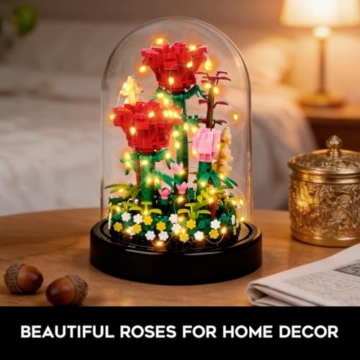 HOGOKIDS Blumen Rose Bauset mit LED & Abdeckung – 596 Teiliges Rot Rosenstrauß Set Botanische Geschenk zum Muttertag Geburtstag Mini Bausteine ​​für Mama Ehefrau Freundin Erwachsene Heimdekoration - 7