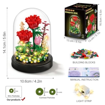 HOGOKIDS Blumen Rose Bauset mit LED & Abdeckung – 596 Teiliges Rot Rosenstrauß Set Botanische Geschenk zum Muttertag Geburtstag Mini Bausteine ​​für Mama Ehefrau Freundin Erwachsene Heimdekoration - 8