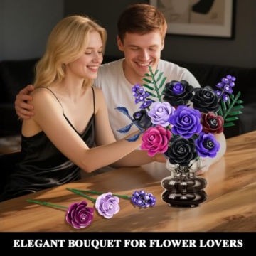 HOGOKIDS Blumen Rosenstrauß Bausatz - 14 Violetter Schwarze Rosen Künstliche Blumenstrauß, 546 Teile Botanik Flower Kollektion Set als Zimmer-Deko, Kunstblumen Pflanzen Geschenk für Erwachsene Frauen - 2