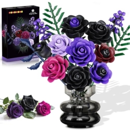 HOGOKIDS Blumen Rosenstrauß Bausatz - 14 Violetter Schwarze Rosen Künstliche Blumenstrauß, 546 Teile Botanik Flower Kollektion Set als Zimmer-Deko, Kunstblumen Pflanzen Geschenk für Erwachsene Frauen - 1