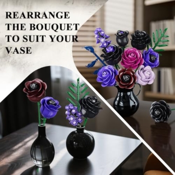 HOGOKIDS Blumen Rosenstrauß Bausatz - 14 Violetter Schwarze Rosen Künstliche Blumenstrauß, 546 Teile Botanik Flower Kollektion Set als Zimmer-Deko, Kunstblumen Pflanzen Geschenk für Erwachsene Frauen - 8