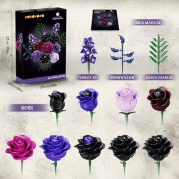 HOGOKIDS Blumen Rosenstrauß Bausatz - 14 Violetter Schwarze Rosen Künstliche Blumenstrauß, 546 Teile Botanik Flower Kollektion Set als Zimmer-Deko, Kunstblumen Pflanzen Geschenk für Erwachsene Frauen - 9
