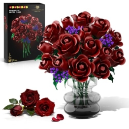 HOGOKIDS Blumen Rote Rosen Bausatz – 15 Burgunderrote Rose Ostergeschenk, 330 Teile Blumenstrauß Bauset Botanische Bausteine Künstliche Spielzeug Heimdekoration für Erwachsene Kinder 8+ Jahren - 1
