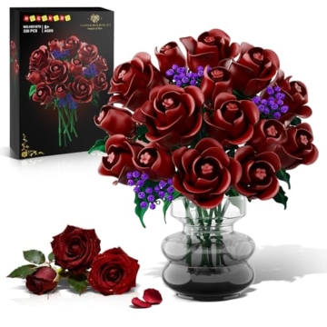 HOGOKIDS Blumen Rote Rosen Bausatz – 15 Burgunderrote Rose Ostergeschenk, 330 Teile Blumenstrauß Bauset Botanische Bausteine Künstliche Spielzeug Heimdekoration für Erwachsene Kinder 8+ Jahren - 1