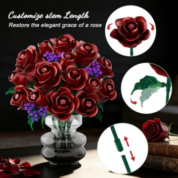 HOGOKIDS Blumen Rote Rosen Bausatz – 15 Burgunderrote Rose Ostergeschenk, 330 Teile Blumenstrauß Bauset Botanische Bausteine Künstliche Spielzeug Heimdekoration für Erwachsene Kinder 8+ Jahren - 5