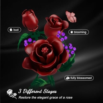 HOGOKIDS Blumen Rote Rosen Bausatz – 15 Burgunderrote Rose Ostergeschenk, 330 Teile Blumenstrauß Bauset Botanische Bausteine Künstliche Spielzeug Heimdekoration für Erwachsene Kinder 8+ Jahren - 6