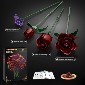 HOGOKIDS Blumen Rote Rosen Bausatz – 15 Burgunderrote Rose Ostergeschenk, 330 Teile Blumenstrauß Bauset Botanische Bausteine Künstliche Spielzeug Heimdekoration für Erwachsene Kinder 8+ Jahren - 8