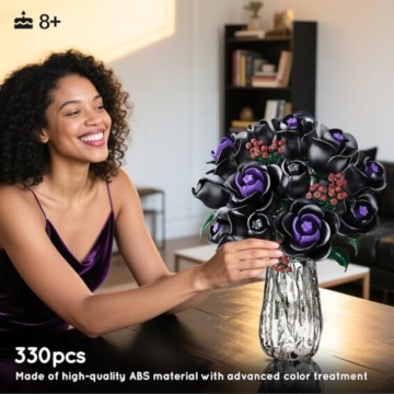 HOGOKIDS Blumenstrauß Bausatz – 15 Schwarze Rosen Blumen Botanische Bausteine Künstliche Spielzeug 330 Teile Gothic Heimdekoration Muttertag Geburtstagsgeschenk für Erwachsene Frauen Mädchen 8+ Jahren - 2