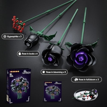HOGOKIDS Blumenstrauß Bausatz – 15 Schwarze Rosen Blumen Botanische Bausteine Künstliche Spielzeug 330 Teile Gothic Heimdekoration Muttertag Geburtstagsgeschenk für Erwachsene Frauen Mädchen 8+ Jahren - 5