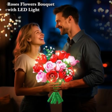 HOGOKIDS Blumenstrauß-Bausatz mit Lichtern - 16 Rosenstrauß botanische Bausteine künstliche Rot Rosen Blumen für Heimdekoration Muttertag Geburtstagsgeschenke für Mädchen Erwachsene - 387 Teile (ROSA) - 2