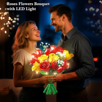HOGOKIDS Blumenstrauß-Bausatz mit Lichtern - 16 Rosenstrauß botanische Bausteine künstliche Rot Rosen Blumen für Heimdekoration Muttertag Geburtstagsgeschenke für Mädchen Erwachsene - 387 Teile (GELB) - 2