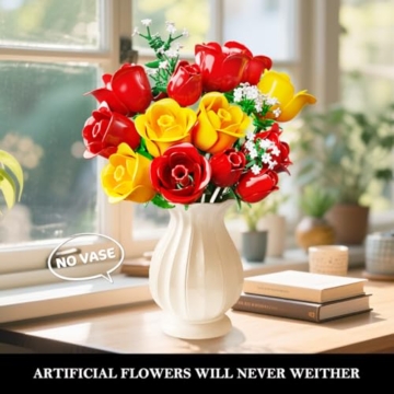 HOGOKIDS Blumenstrauß-Bausatz mit Lichtern - 16 Rosenstrauß botanische Bausteine künstliche Rot Rosen Blumen für Heimdekoration Muttertag Geburtstagsgeschenke für Mädchen Erwachsene - 387 Teile (GELB) - 3