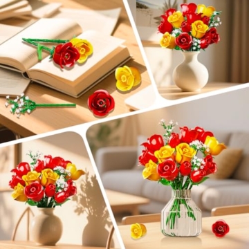 HOGOKIDS Blumenstrauß-Bausatz mit Lichtern - 16 Rosenstrauß botanische Bausteine künstliche Rot Rosen Blumen für Heimdekoration Muttertag Geburtstagsgeschenke für Mädchen Erwachsene - 387 Teile (GELB) - 5