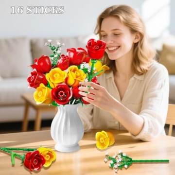 HOGOKIDS Blumenstrauß-Bausatz mit Lichtern - 16 Rosenstrauß botanische Bausteine künstliche Rot Rosen Blumen für Heimdekoration Muttertag Geburtstagsgeschenke für Mädchen Erwachsene - 387 Teile (GELB) - 6