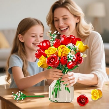 HOGOKIDS Blumenstrauß-Bausatz mit Lichtern - 16 Rosenstrauß botanische Bausteine künstliche Rot Rosen Blumen für Heimdekoration Muttertag Geburtstagsgeschenke für Mädchen Erwachsene - 387 Teile (GELB) - 8