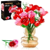 HOGOKIDS Blumenstrauß-Bausatz mit Lichtern - 16 Rosenstrauß botanische Bausteine künstliche Rot Rosen Blumen für Heimdekoration Muttertag Geburtstagsgeschenke für Mädchen Erwachsene - 387 Teile (ROSA) - 1