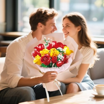 HOGOKIDS Blumenstrauß-Bausatz mit Lichtern - 16 Rosenstrauß botanische Bausteine künstliche Rot Rosen Blumen für Heimdekoration Muttertag Geburtstagsgeschenke für Mädchen Erwachsene - 387 Teile (GELB) - 9