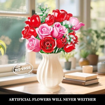 HOGOKIDS Blumenstrauß-Bausatz mit Lichtern - 16 Rosenstrauß botanische Bausteine künstliche Rot Rosen Blumen für Heimdekoration Muttertag Geburtstagsgeschenke für Mädchen Erwachsene - 387 Teile (ROSA) - 3