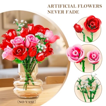 HOGOKIDS Blumenstrauß-Bausatz mit Lichtern - 16 Rosenstrauß botanische Bausteine künstliche Rot Rosen Blumen für Heimdekoration Muttertag Geburtstagsgeschenke für Mädchen Erwachsene - 387 Teile (ROSA) - 4
