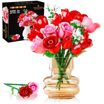HOGOKIDS Blumenstrauß-Bausatz mit Lichtern - 16 Rosenstrauß botanische Bausteine künstliche Rot Rosen Blumen für Heimdekoration Muttertag Geburtstagsgeschenke für Mädchen Erwachsene - 387 Teile (ROSA) - 1