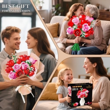 HOGOKIDS Blumenstrauß-Bausatz mit Lichtern - 16 Rosenstrauß botanische Bausteine künstliche Rot Rosen Blumen für Heimdekoration Muttertag Geburtstagsgeschenke für Mädchen Erwachsene - 387 Teile (ROSA) - 7